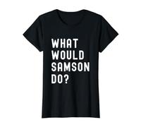 Que Ferait Samson? T-Shirt Graphique avec Valeur, Femme, Noir, L
