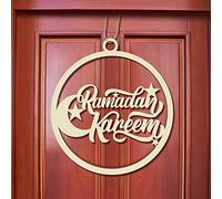 Queekay Décoration Eid Mubarak Signe de Porte Ramadan Kareem en Bois Panneau de Porte Suspendu Rond Creux EID Al Fitr Ramadan Pendentif Mural Mubarak Islamique en Bois pour Ramadan Mubarak