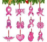 Queekay Lot de 12 panneaux en bois pour sensibilisation au cancer du sein - Ruban rose - Décoration de fête - Ruban rose - Décoration de Noël à suspendre pour arbre Hope Believe Cancer Survivor