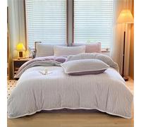 Queen Flannel Striped Comforter Cover Winter Warm 4 Pcs,Reversible Plush Breathable Soft Duvet Cover Set,Luxury Velvet Washable Bedding Set Includes 1 Duvet Cover 1 Flat Sheet 2 Pillow Shams
