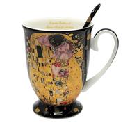 Queen Isabell Tasse en porcelaine avec cuillère Reine Isabelle Klimt Le Baiser 300 ml | Élégant ensemble en porcelaine | Motif artistique sur fond noir | Cadeau pour les amateurs d'art