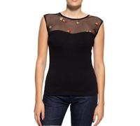 Queen Kerosin Haut vintage pour femme | T-shirt | Aspect maille | Broderie roses | Haut à manches courtes | T-shirt | 127 cm | Roses, Noir , XXXL