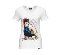 Queen Kerosin T-shirt à manches courtes pour femme avec imprimé vintage « We Can Do It » - Col en V - Coupe ajustée - Nous pouvons le faire, blanc cassé, 3XL