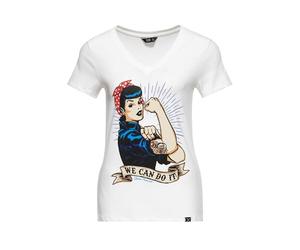 Queen Kerosin T-shirt à manches courtes pour femme avec imprimé vintage « We Can Do It » - Col en V - Coupe ajustée - Nous pouvons le faire, blanc cassé, 3XL