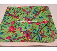 Queen/Twin/King Vert Oiseau Décoration d'intérieur Lit Bohème Queen Couvre-lit Fait à la Main Imprimé Kantha Oiseau Couverture Unique (152,4 x 228,4 cm)
