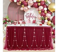 QueenDream 9ft Burgundy Tulle Table Skirt Tutu Wedding Table Cloth for Birthday Party Baby Shower Bridal Shower Home Decor