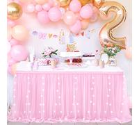 QueenDream Jupe de Table en Tulle Rose de 2,7 m, 2,7 m, Jupe de Table Tutu à 2 Couches avec LED pour fête prénatale, décoration de gâteau en cœur