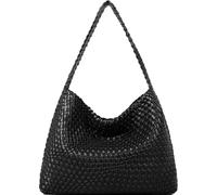 Queenoris Sac à main tissé tendance pour femme avec poignée sur le dessus, sac fourre-tout d'été souple, Noir-L