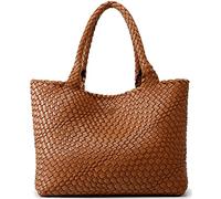 Queenoris Sac tissé pour femme, sac à bandoulière tendance en cuir végan, grand sac fourre-tout de voyage, marron, Medium