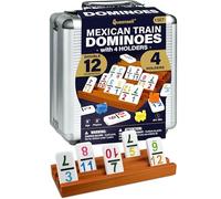 Queensell Ensemble de Dominos Train Mexicain avec Chiffres et 4 Supports - Roue en Bois et Support de Dominos - Double 12 avec Chiffres