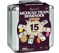 Queensell Set De Domino Mexicain Double 15, Jeu De Dominos pour Adultes Et Famille, Domino Mexicain Double 15 À Points Colorés - 136 Tuiles, 9 Trains, Moyeu en Bois, Étui en Aluminium