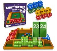 Queensell Shut The Box - Jeu de dés en Bois pour 4 Joueurs, 24 Chiffres par côté, Plateau en Feutrine, 12 dés et Pochette - Jeu de société Familial de calcul et de stratégie