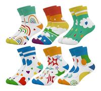 Queenshin 6 Paires Chaussettes Enfants Filles Arc-en-ciel Nuages Gouttes de Pluie Étoiles Motif de Dessin Animé Chaussettes Courtes Cadeau Doux de 5 à 8 Ans Taille 28-32