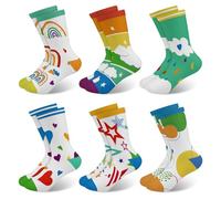 Queenshin 6 Paires Chaussettes Enfants Filles Arc-en-ciel Nuages Gouttes de Pluie Étoiles Motif de Dessin Animé Chaussettes Crew Cadeau Doux de 9 à 14 Ans Taille 32-38