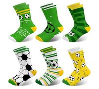 Queenshin 6 Paires Chausson Chaussette Garçon Enfants Football Vert Jaune Rayé Rigolotes Fantaisie Sport Crew Socks Idée Cadeau Confortable et Respirant de 6 à 8 Ans Taille 28-31
