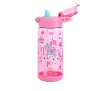 Queenshin Gourde Enfant,600ml Gourde Paille Portable,Durable,Ouvrez le Couvercle en un Seul Clic,Serrure de Sécurité Anti Fuite,Sans BPA,Gobelet à Eau Carrousel Rose,Adapté à Lécole et Les Voyages