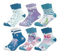 Queenshin Lot de 6 Paires de Chaussettes Enfant Fille Design Mignon Méduse Bleue Chaussettes Courtes Cadeau Doux de 9 à 14 Ans Taille 32-38