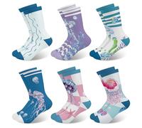Queenshin Lot de 6 Paires de Chaussettes Enfant Fille Design Mignon Méduse Bleue Chaussettes Crew Cadeau Doux de 9 à 14 Ans Taille 32-38
