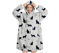 Queenshin Sweat à Capuche Plaid Femme Homme Couverture Polaire Sherpa Chat Gris, Pull Hiver Plaid Poncho avec Poche et Manche Chaud, Douce Confortable pour Adultes