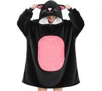 Queenshin Sweat à Capuche Plaid Femme Homme Couverture Polaire Sherpa Chat Noir, Pull Hiver Plaid Poncho avec Poche et Manche Chaud, Douce Confortable pour Adultes