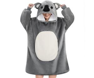 Queenshin Sweat à Capuche Plaid Femme Homme Couverture Polaire Sherpa Koala Gris, Pull Hiver Plaid Poncho avec Poche et Manche Chaud, Douce Confortable pour Adultes