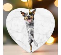 Queensland Heeler Chien regardant autour du coin Décoration en céramique en forme de cœur pour sapin de Noël Décoration de Noël amusante Souvenir de Nouvel An