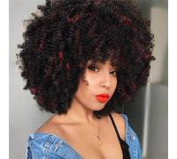 QUEENTAS 10Inch Afro Wig Short Kinky Curly Wig with Bangs Synthetic Hair 70s 80s Dress Fancy Wigs for Black Women Halloween Wig (Black to Red)
