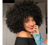 QUEENTAS 10Inch Short Curly Afro Wigs for Black Women Afro Kinky Curly Wig with Bangs No Glueless Full and Fluffy Synthetic Hair wig (Black