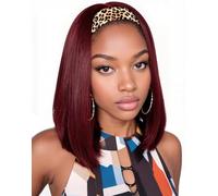 QUEENTAS 14" Bob Headband Wigs for Black Women Burgundy Straight Bob Half Wig Synthetic Head Band Wigs Shoulder Length No Lace Easy Put On Wear and Go Glueless Wig(Weinrot)