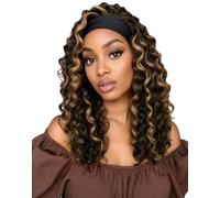 QUEENTAS Curly Headband Wigs for Black Women Curly Half Wig 16 inch Shoulder Length Deep Wave Head Band Wigs Synthetic Glueless Beginner Friendly Wig for Daily(Brown with Honey Blonde Highlight)