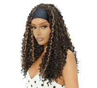 QUEENTAS Curly Headband Wigs for Black Women Curly Half Wig 18 inch Shoulder Length Deep Wave Head Band Wigs Synthetic Glueless Beginner Friendly Wig for Daily(Brown with Honey Blonde Highlight)
