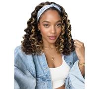 QUEENTAS Perruque bandeau ondulé profond mixte marron - Perruque synthétique ondulée profonde de 35,5 cm pour femme - Sans colle - Aspect naturel léger et facile à porter