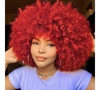 QUEENTAS Perruques Afro pourFemme Perruque Afro Crépue Bou avec Frange Sans Colle Cheveux Synthétiques Disco des Années 70 Perruque Afro pour Halloween (10In, Rouge)