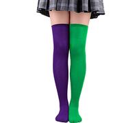 QUEENYARD Chaussettes hautes à rayures de différentes couleurs pour femme Chaussettes hautes au-dessus du genou Chaussettes longues pour fille, Violet et vert., Taille unique