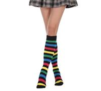 QUEENYARD Chaussettes hautes rayées en coton pour femme - Chaussettes hautes à rayures colorées et amusantes, Noir, rouge, jaune, bleu, vert, Taille unique