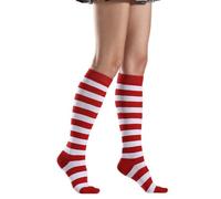 QUEENYARD Chaussettes hautes rayées en coton pour femme - Chaussettes hautes à rayures colorées et amusantes, rouge/blanc, Taille unique