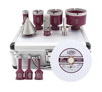 QUEFORET Forets Diamant pour Carrelage 11 Pièces - 6/8/10/20/35/50/68mm x M14 Trépan, 20mm Fraise, 50mm Mèche de Chanfrein, Adaptateur, Disque Diamant 125mm pour Céramique Porcelaine Marbre Granit