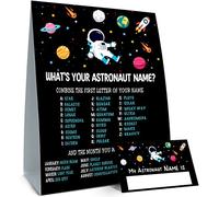 Quel est votre jeu de nom d'astronaute, panneau de jeu et 30 cartes, signe de fête d'anniversaire astronaute pour garçons et filles, activités de vacances, cartes d'activités astronautes pour enfants,