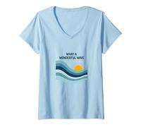 Quelle Merveilleuse Vague : Coucher de Soleil rétro sur l'océan T-Shirt avec Col en V, Femme, Bleu Céleste, XL