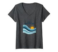 Quelle Merveilleuse Vague : Coucher de Soleil rétro sur l'océan T-Shirt avec Col en V, Femme, Chiné Foncé, XL