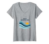 Quelle Merveilleuse Vague : Coucher de Soleil rétro sur l'océan T-Shirt avec Col en V, Femme, Gris Chiné, XL