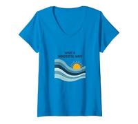 Quelle Merveilleuse Vague : Coucher de Soleil rétro sur l'océan T-Shirt avec Col en V, Femme, Saphir, XL