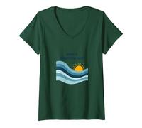 Quelle Merveilleuse Vague : Coucher de Soleil rétro sur l'océan T-Shirt avec Col en V, Femme, Vert Forêt, XL