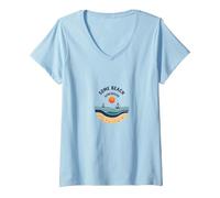 Quelques plages Quelque Part Coastal Sunset Voilier T-Shirt avec Col en V, Femme, Bleu Céleste, M