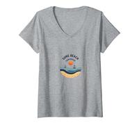 Quelques plages Quelque Part Coastal Sunset Voilier T-Shirt avec Col en V, Femme, Gris Chiné, M