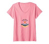 Quelques plages Quelque Part Coastal Sunset Voilier T-Shirt avec Col en V, Femme, Rose, M