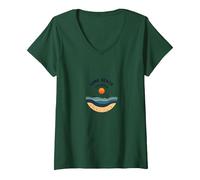 Quelques plages Quelque Part Coastal Sunset Voilier T-Shirt avec Col en V, Femme, Vert Forêt, M