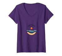 Quelques plages Quelque Part Coastal Sunset Voilier T-Shirt avec Col en V, Femme, Violet, M