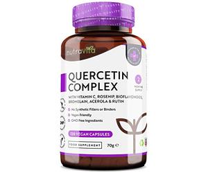 Quercétine 500 mg - 120 gélules vegan - Testé en laboratoire - Mélangées avec Vitamine C 80mg - Naturellement fait à partir d'extrait de fleur de cordage japonais - Dose élevée - Nutravita