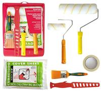 Quercos. Kit rouleau à peindre murs et plafonds de 8 pièces. Set complet rouleau anti-goutte de 22 et 11 cm, pinceau plat, plateau, agitateur de peinture, ruban de peinture et plastique